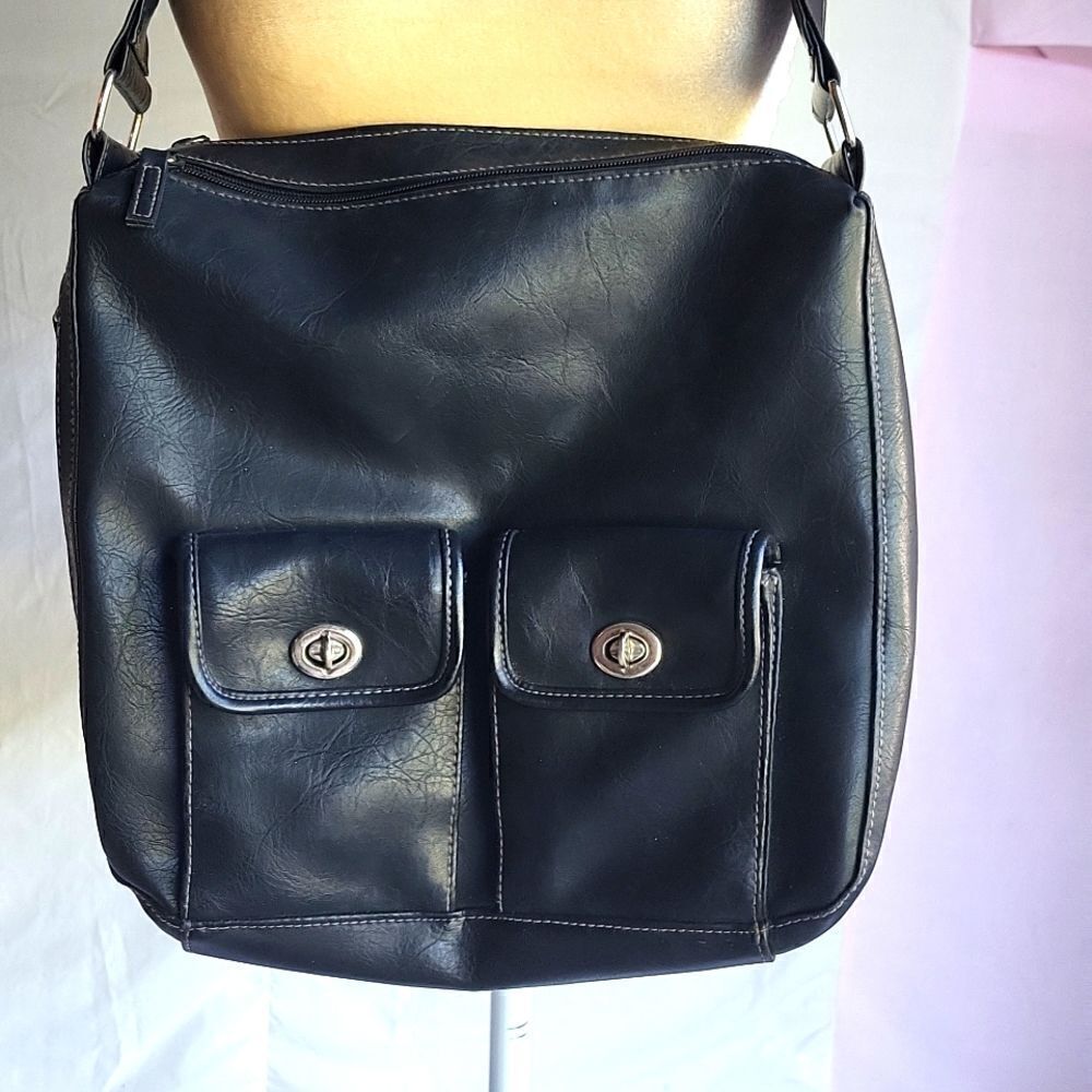 Black Faux Leather Messenger Shoulder Bag, Medium - Picture 2 of 9